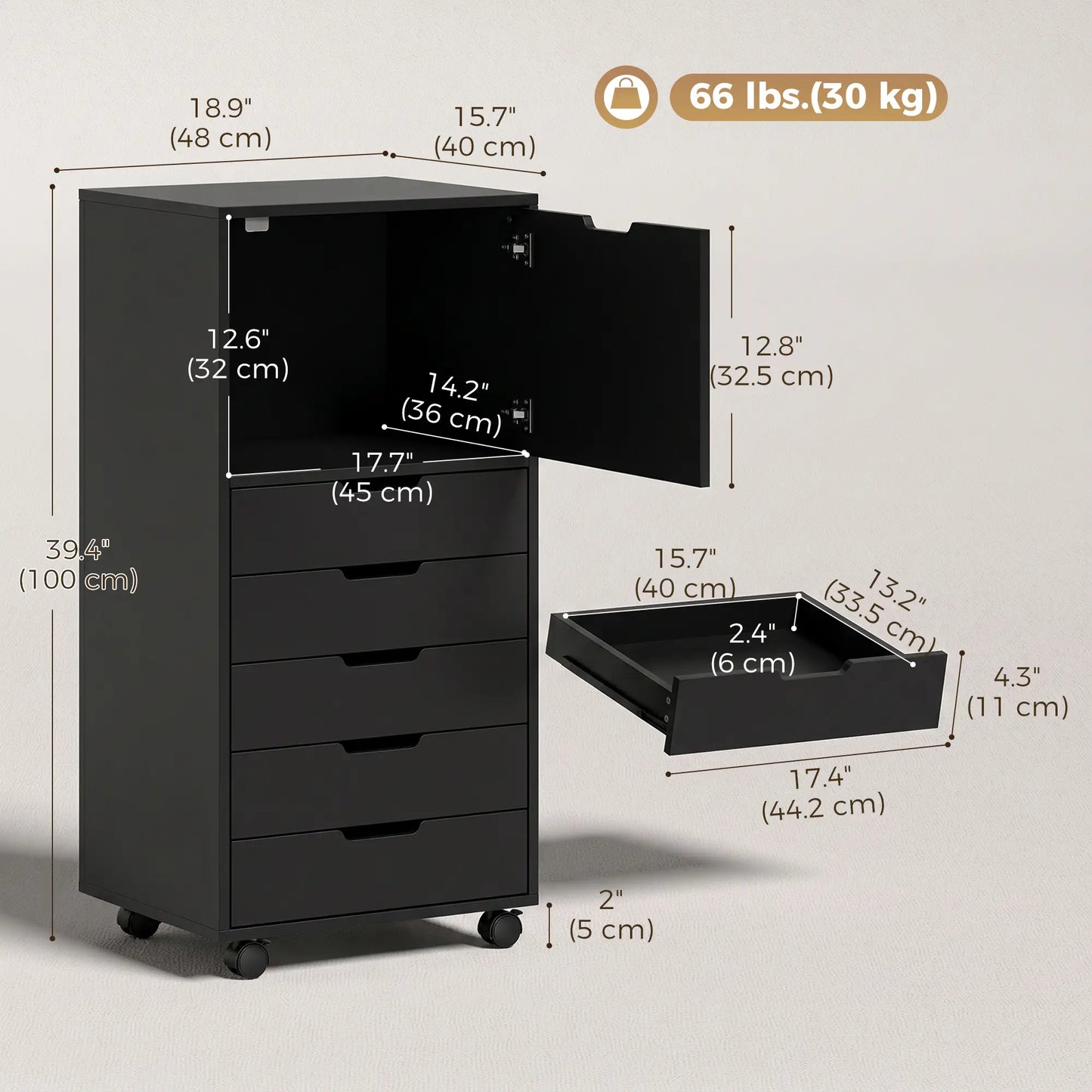 Mobile File Cabinet With 5 Drawers, Black, Black