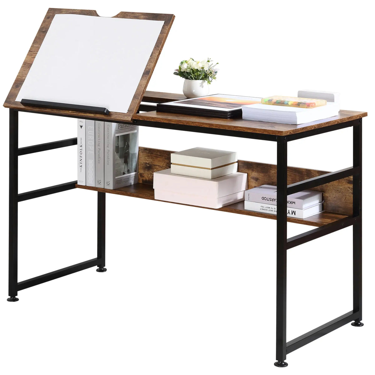 Adjustable Drafting Table, Art Desk, Tiltable Tabletop, Storage Shelf, Rustic Brown, Brown Writing Desks at Gallery Canada