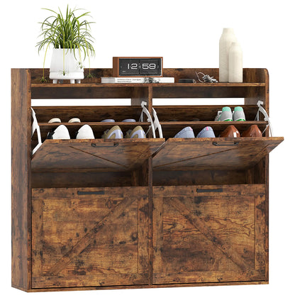 Narrow Shoe Storage Cabinet, 4 Flip Drawers, Adjustable Shelves, 16 Pair, Rustic Brown Shoe Storage Cabinets & Racks at Gallery Canada