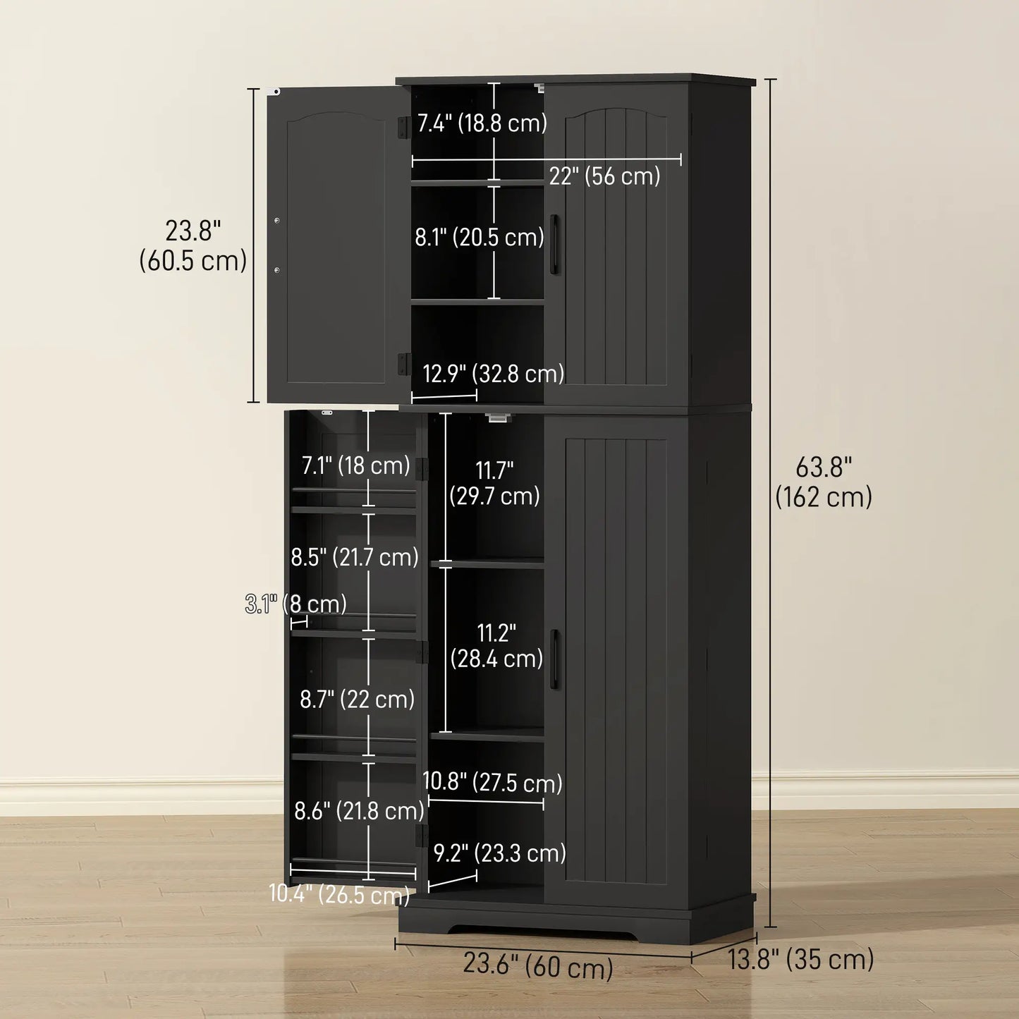 Tall Pantry Cabinet, 64 Inch, Adjustable Shelves, Spice Racks, Black Kitchen Pantry Cabinets at Gallery Canada