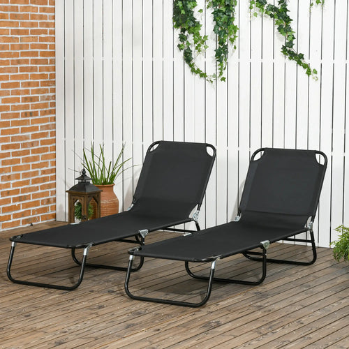 Set of 2 Folding Outdoor Lounge Chairs, Reclining Back, Breathable Mesh, Black