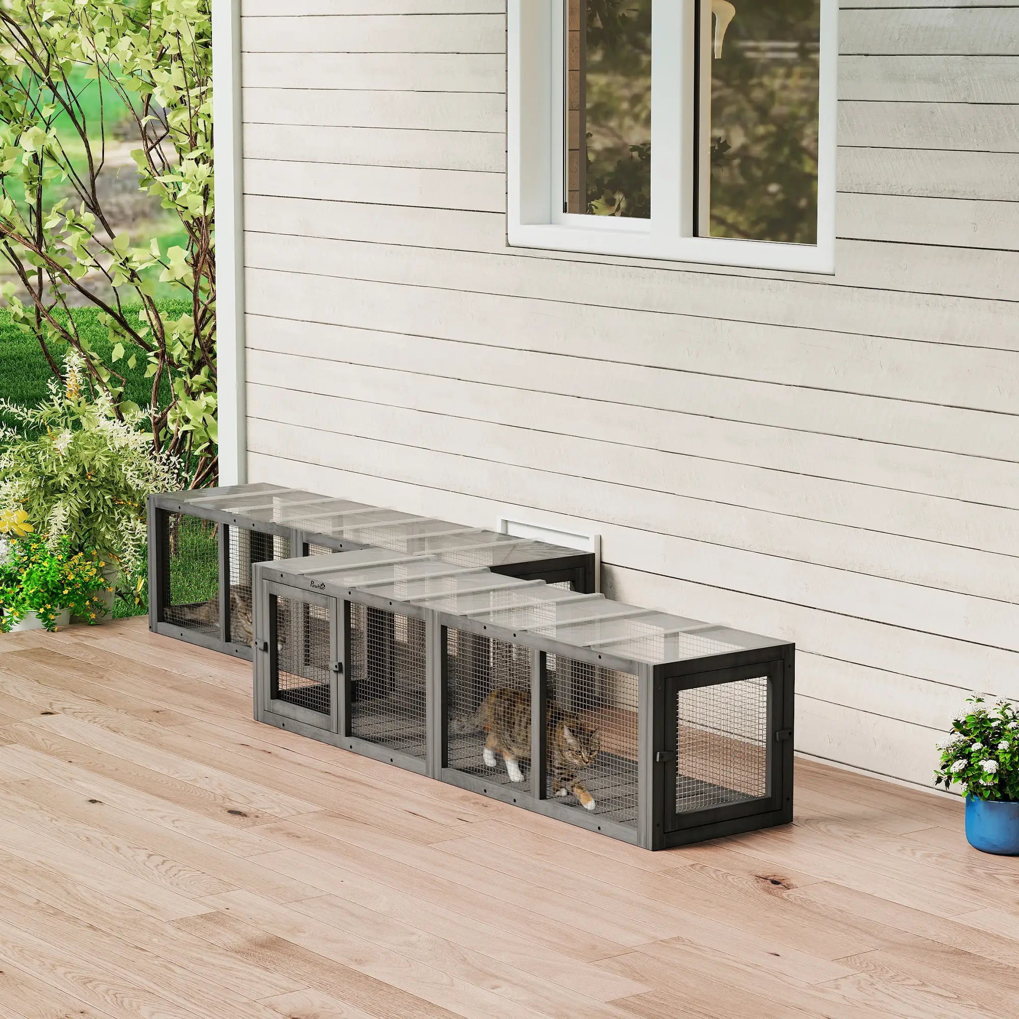 Outdoor Cat Tunnel, Wooden Enclosure, Extendable Pet Run, 3 Doors, Grey Outdoor Cat Enclosures at Gallery Canada