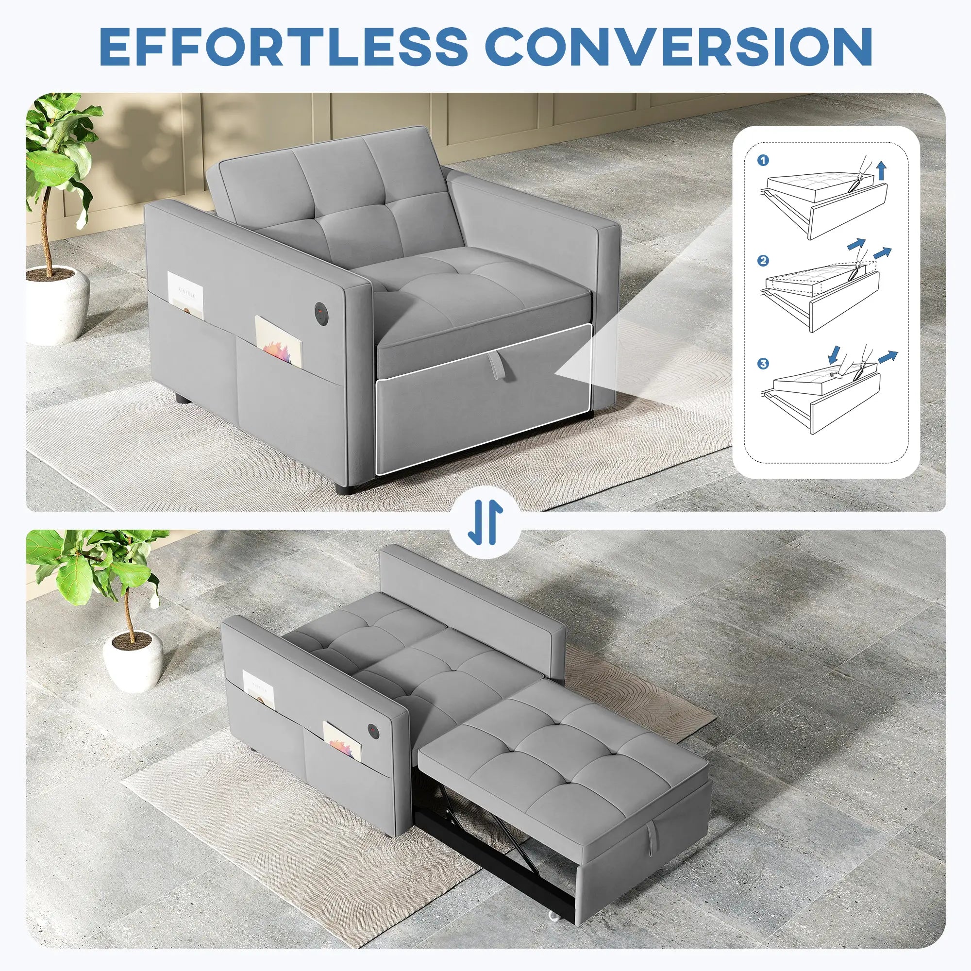 Convertible Chair Bed, Pull Out Sleeper with USB, Adjustable Backrest, Velvet Futon, Grey Single Sofas at Gallery Canada