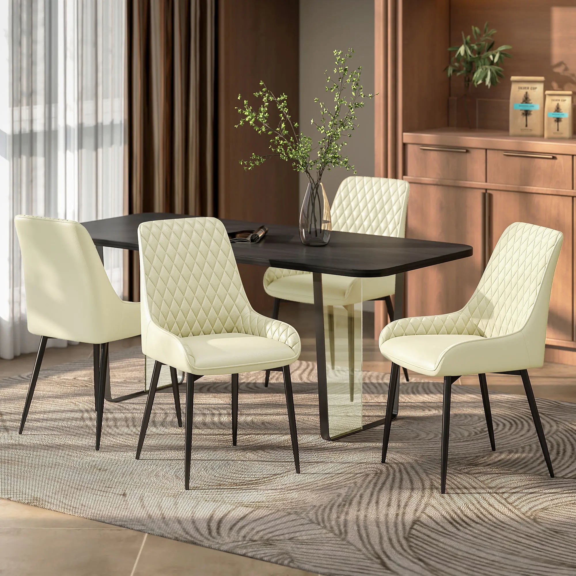 Modern Upholstered Dining Chairs, Set of 4, Diamond Tufting, Steel Legs, Cream Dining Chairs at Gallery Canada