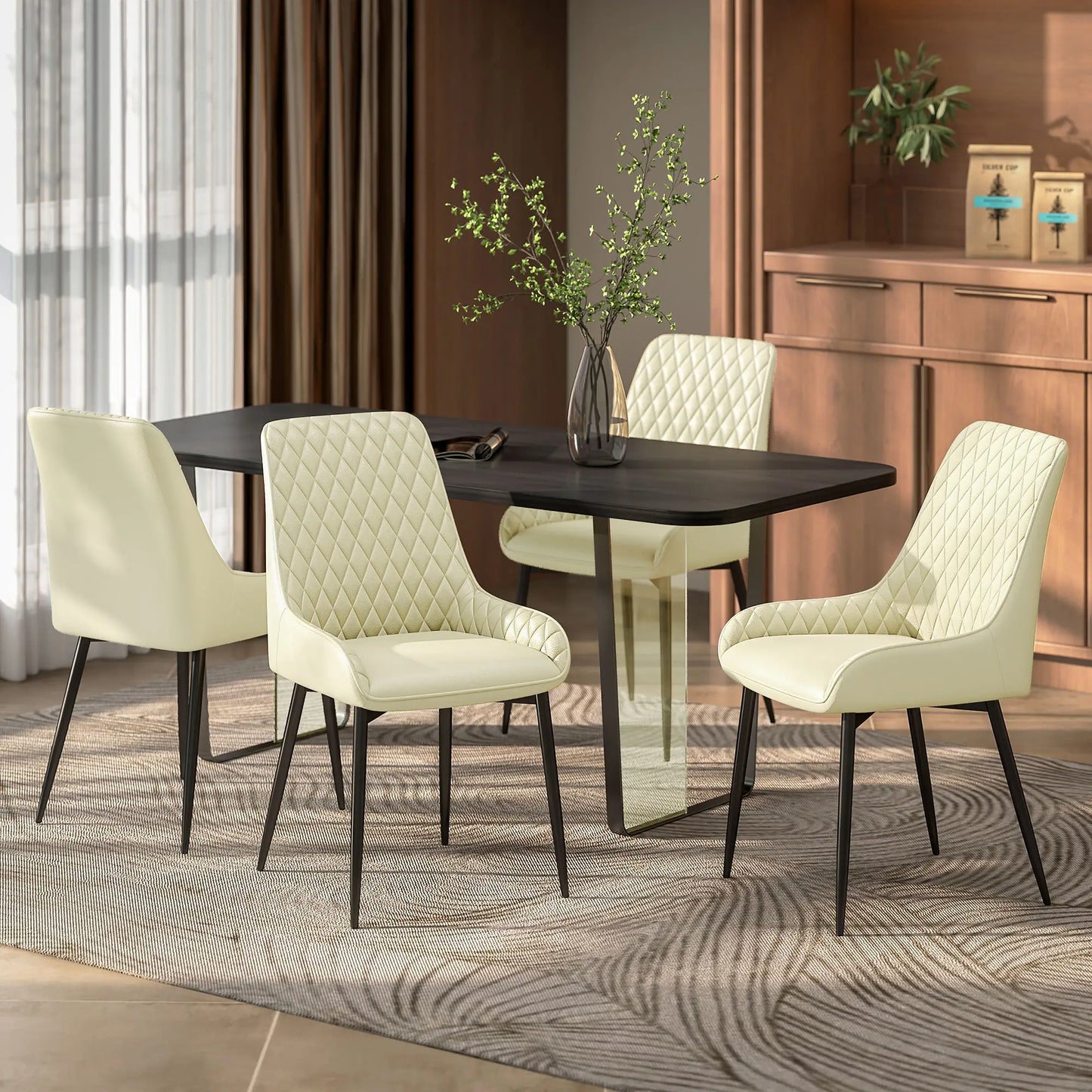 Modern Upholstered Dining Chairs, Set of 4, Diamond Tufting, Steel Legs, Cream Dining Chairs at Gallery Canada
