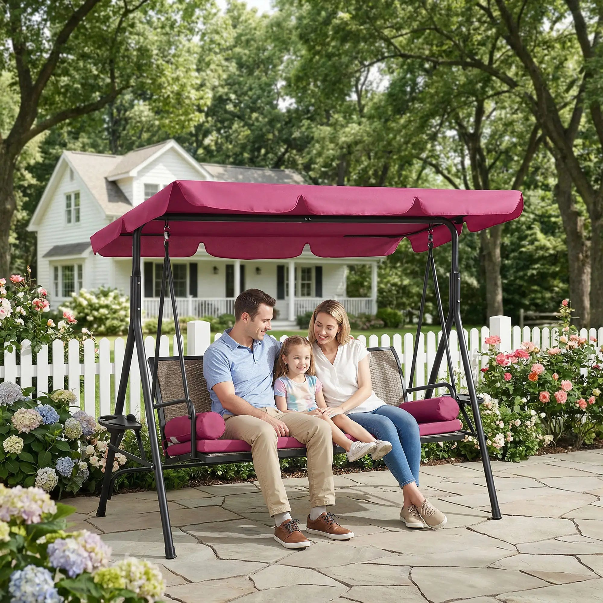 Outdoor 3-Seat Porch Swing With Canopy, Rattan, Cushion, Cushion Patio Swings with Stand at Gallery Canada
