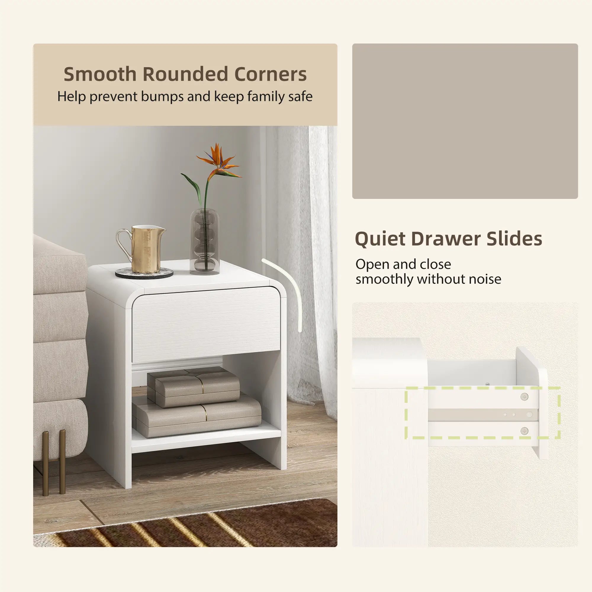 Modern Nightstand Set of 2, Distressed White, With Drawer and Shelf, White Bedside Tables at Gallery Canada