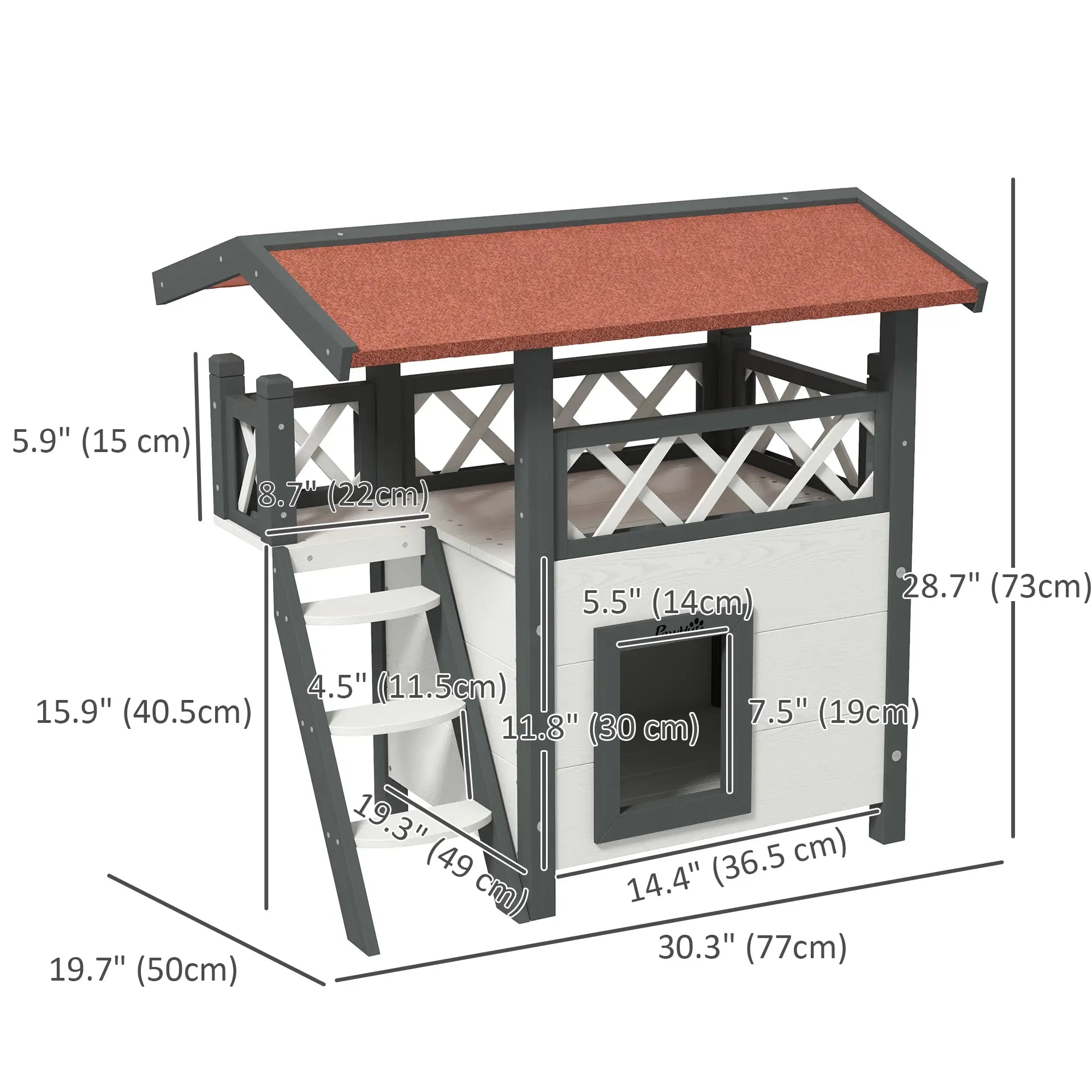 Wooden 2-Story Cat Shelter, Asphalt Roof, Stairs, Balcony, 30