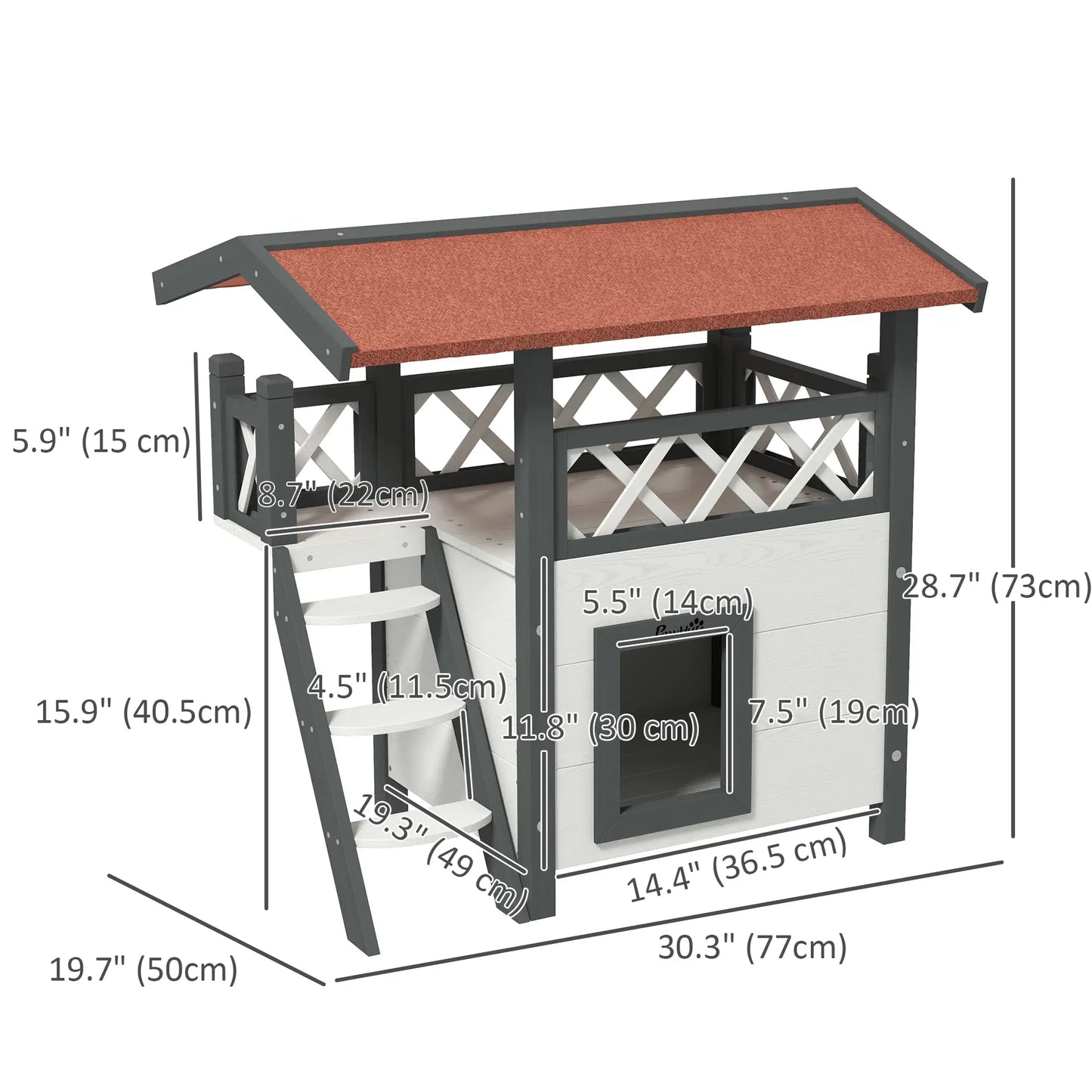 Wooden 2-Story Cat Shelter, Asphalt Roof, Stairs, Balcony, 30" x 20" x 29", White Cat Houses at Gallery Canada