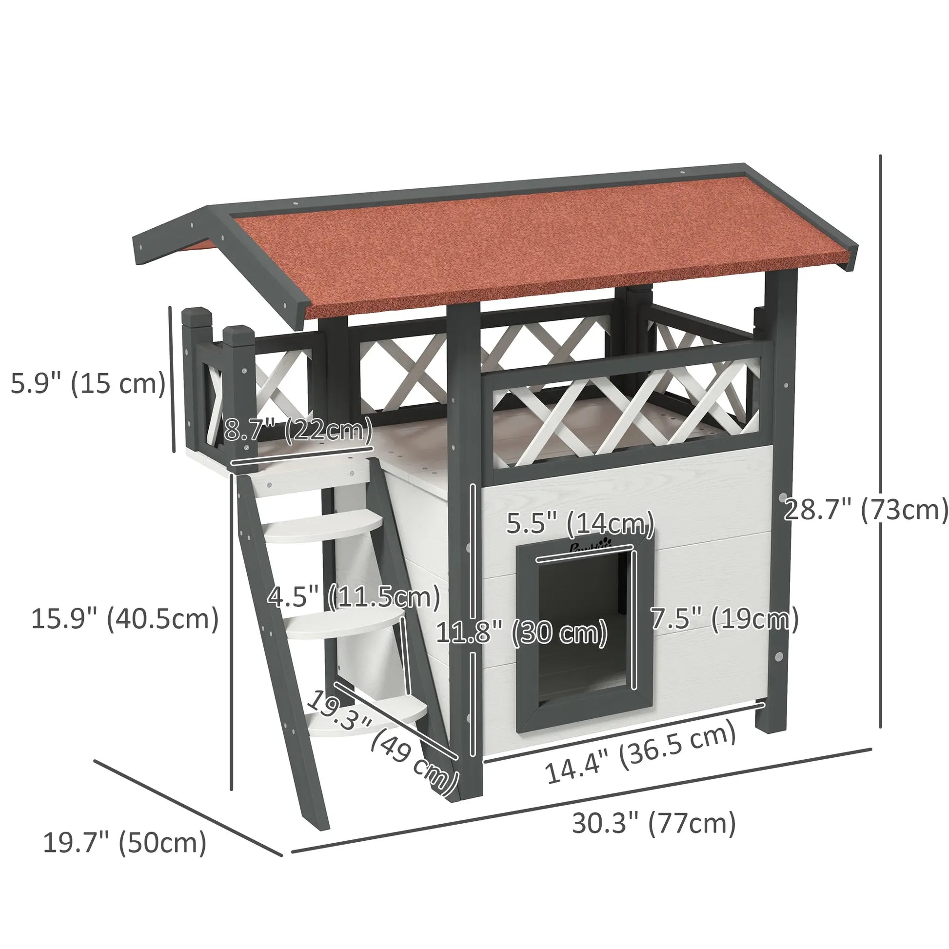 Wooden 2-Story Cat Shelter, Asphalt Roof, Stairs, Balcony, 30" x 20" x 29", White Cat Houses at Gallery Canada