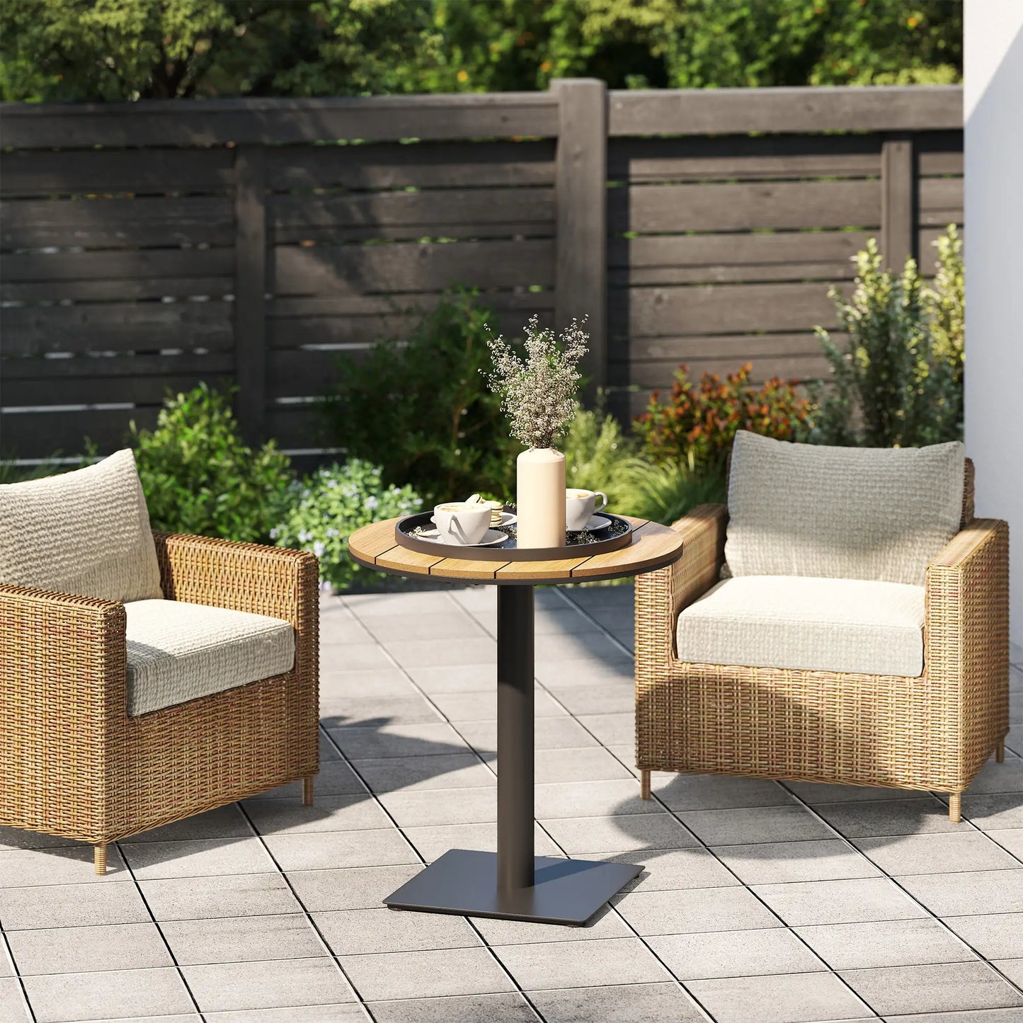 28" Round Outdoor Side Table, Slatted Design, Weather Resistant, Natural Patio Side Tables at Gallery Canada