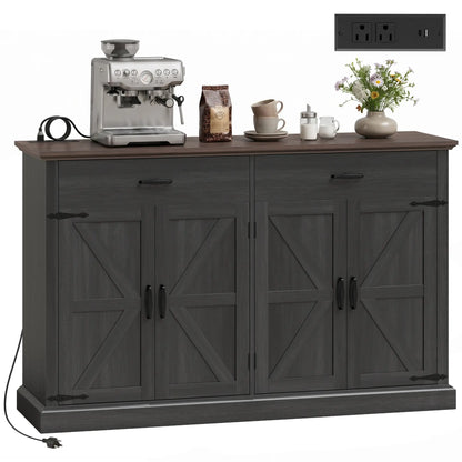 55" Black Buffet Cabinet, Farmhouse Sideboard, 4 Barn Doors, 2 Drawers, Black Storage Cabinets at Gallery Canada