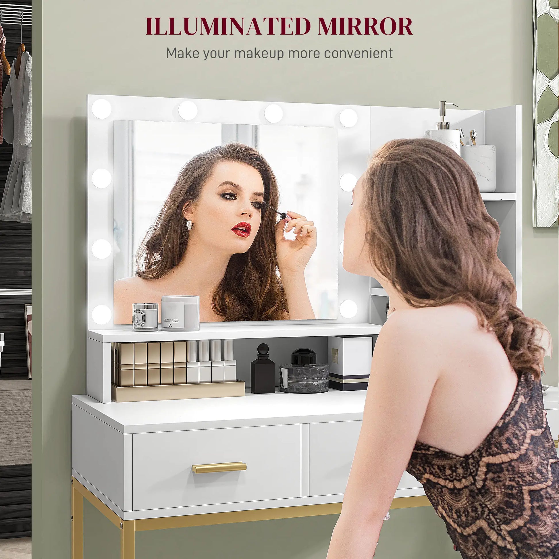 LED Vanity Table with Mirror, 3 Drawers, Storage Shelves, White Dressing & Vanity Tables at Gallery Canada