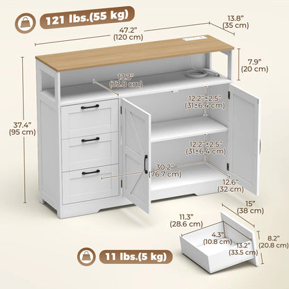 48" Farmhouse Sideboard Buffet Cabinet, 3 Drawers, Charging Station, White