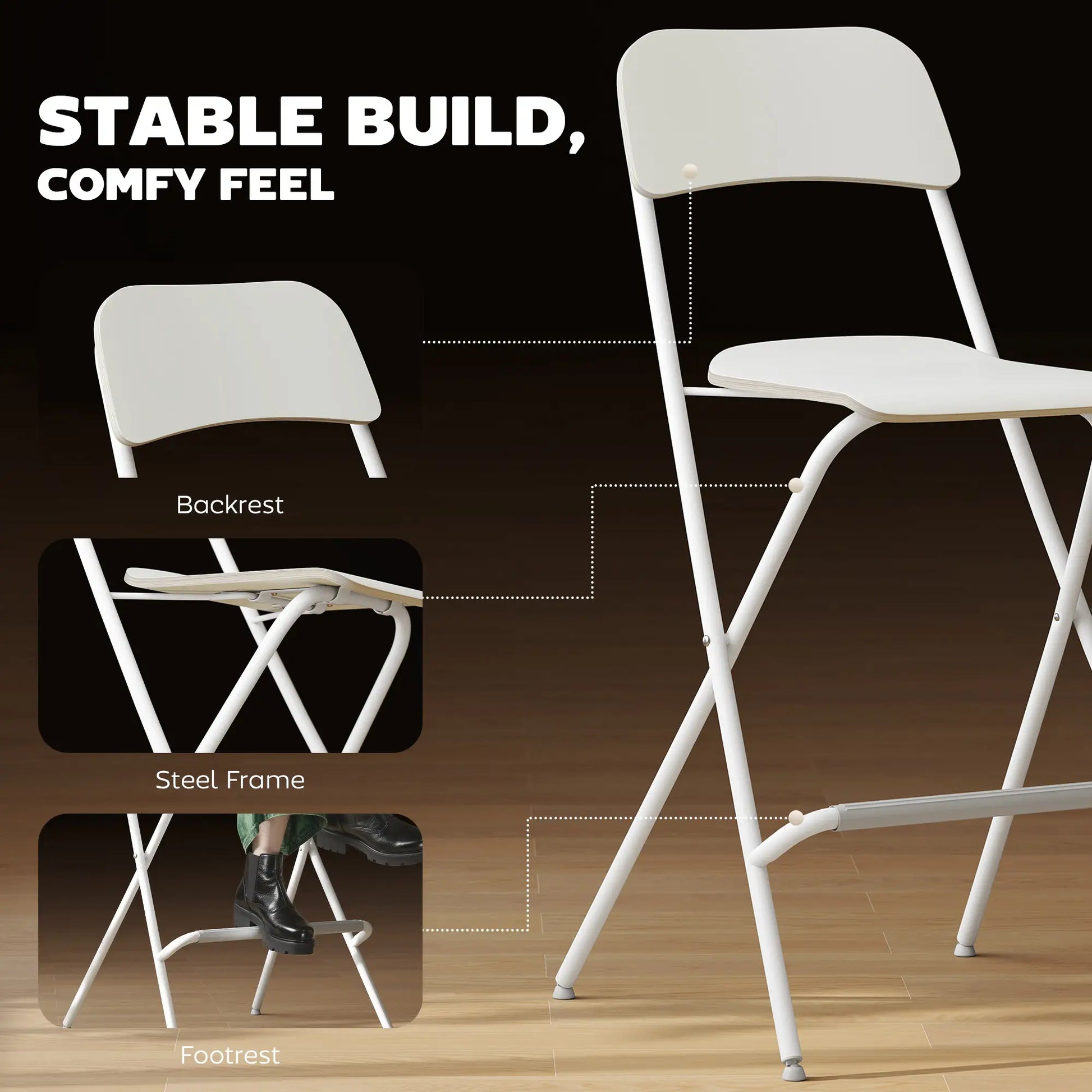 Folding Bar Stools Set of 2, Counter Height, Wooden Effect Seat, Steel Frame, White Bar Stools at Gallery Canada