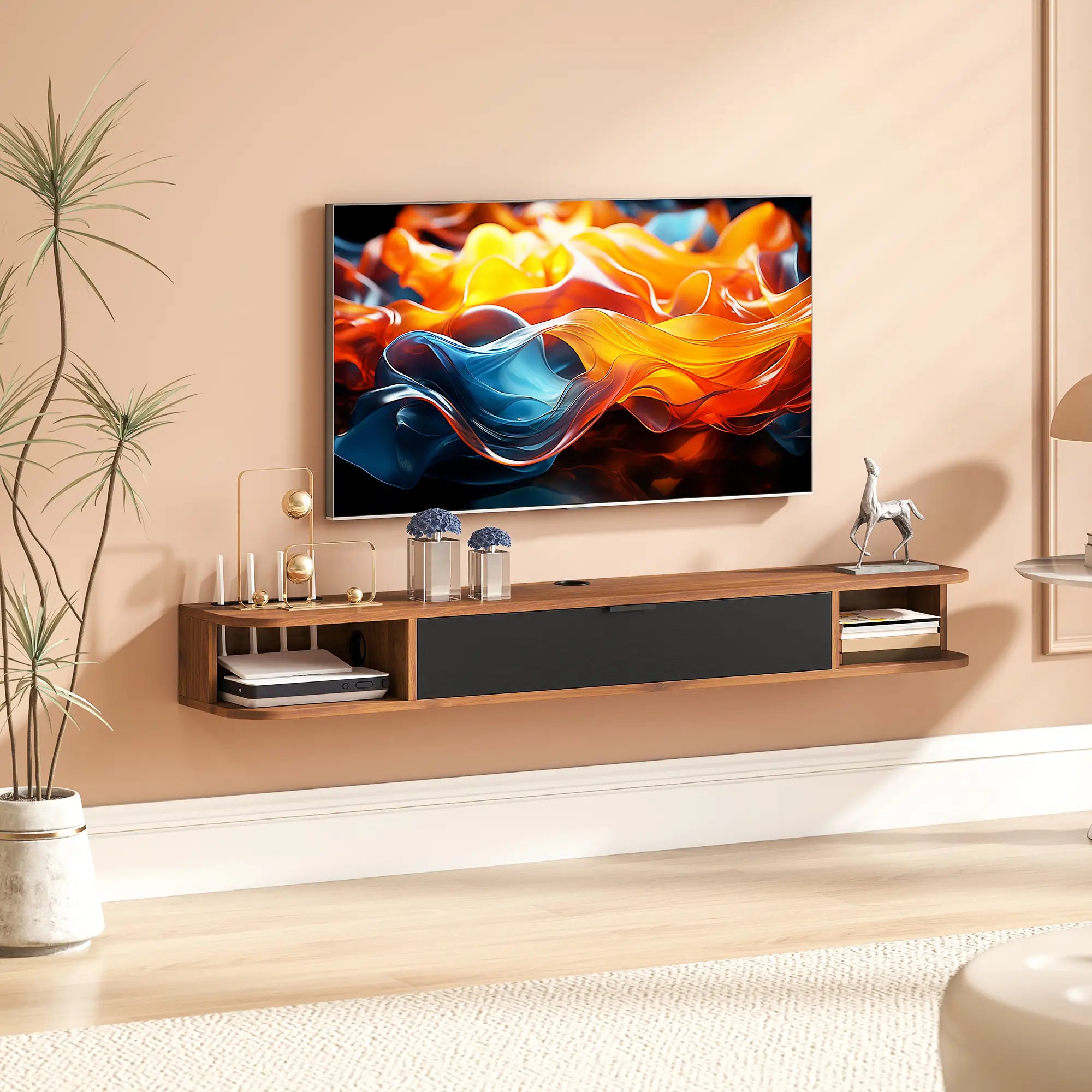 55 Inch Floating TV Stand, Wall Mounted Media Console, Walnut TV Stands at Gallery Canada