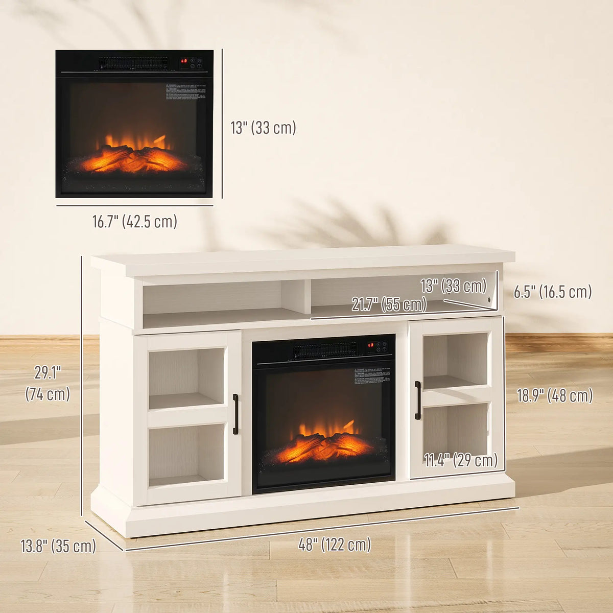 48 Inch Fireplace TV Stand, 3D Flame, Adjustable Shelves, White Electric Fireplaces at Gallery Canada