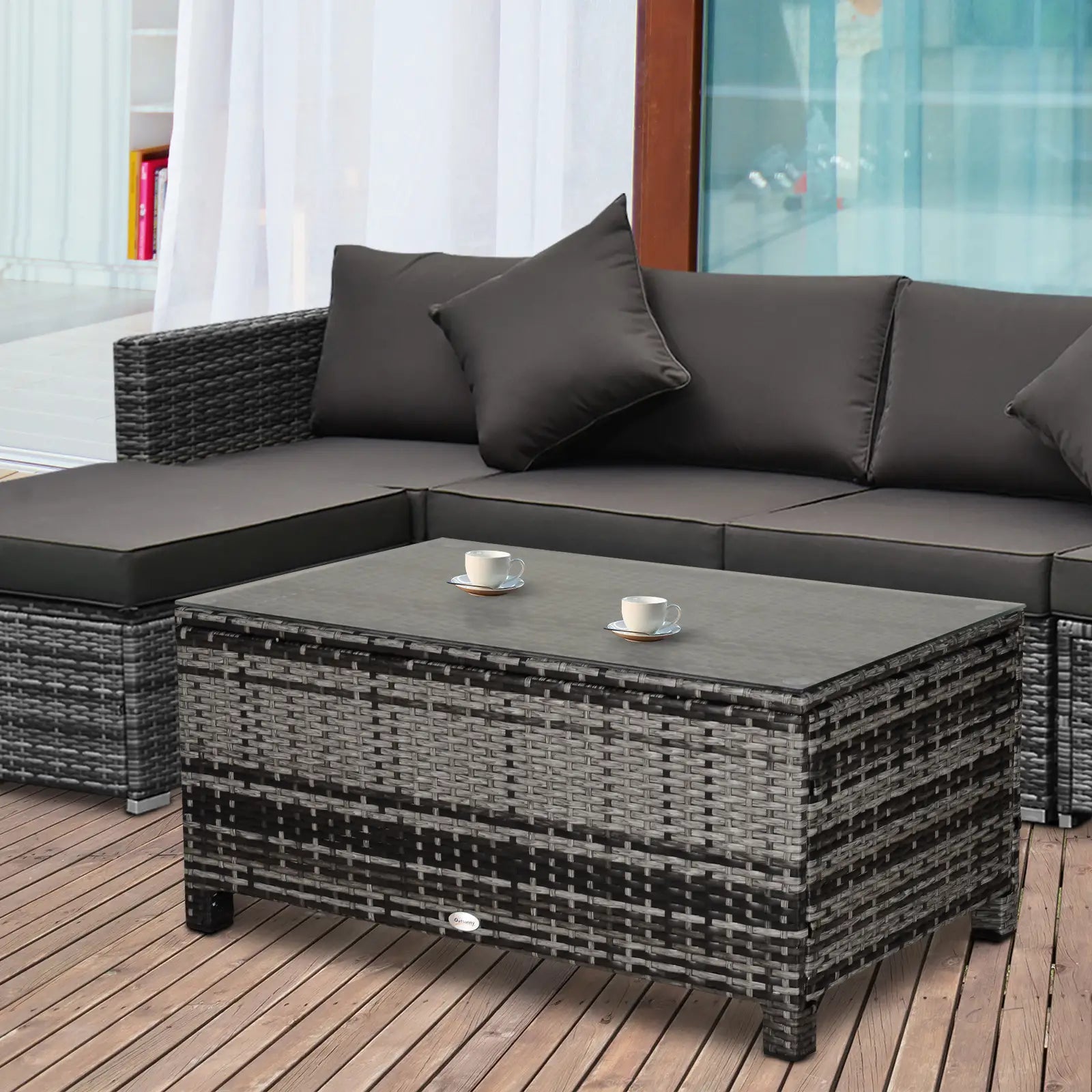 Outdoor PE Rattan Wicker Table, Glass Top, 24in, Mixed Grey Coffee Tables at Gallery Canada