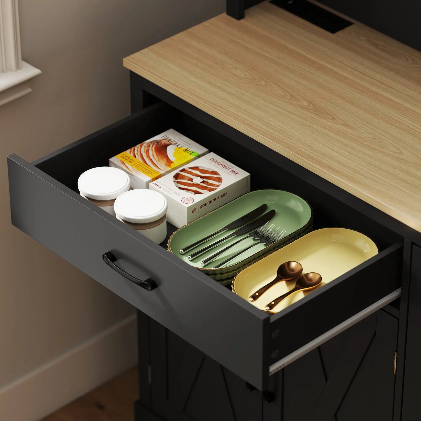 69 Inch Pantry Cabinet with Charging Station, Microwave Stand, Tilt-Out Trash Can, Black Kitchen Pantry Cabinets at Gallery Canada