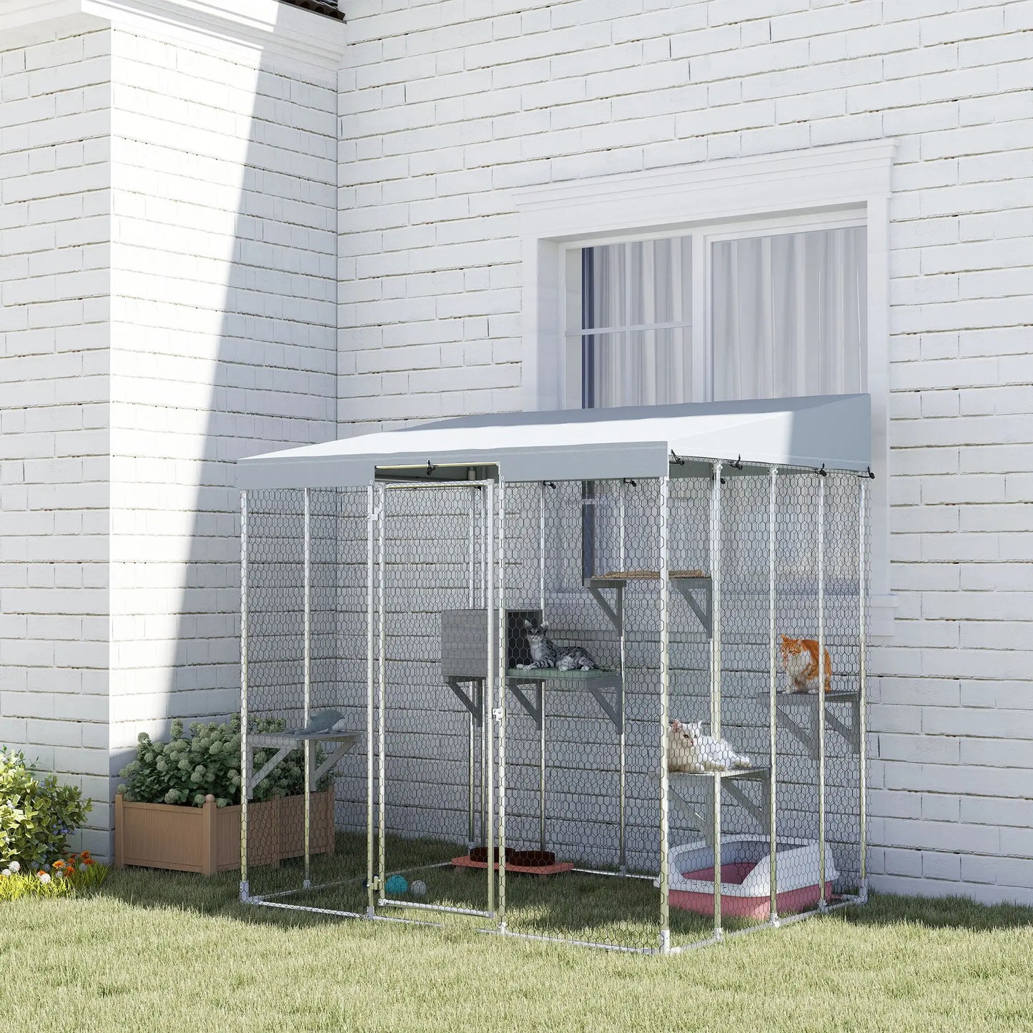 79" L Galvanized Steel Catio, Outdoor Cat Enclosure, 420D Waterproof Canopy, Multiple Platforms, Resting Condo, Silver Outdoor Cat Enclosures at Gallery Canada