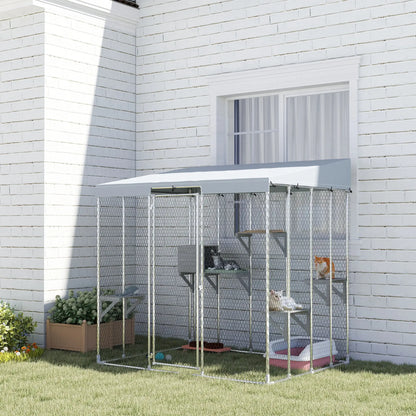 79" L Galvanized Steel Catio, Outdoor Cat Enclosure, 420D Waterproof Canopy, Multiple Platforms, Resting Condo, Silver Outdoor Cat Enclosures at Gallery Canada
