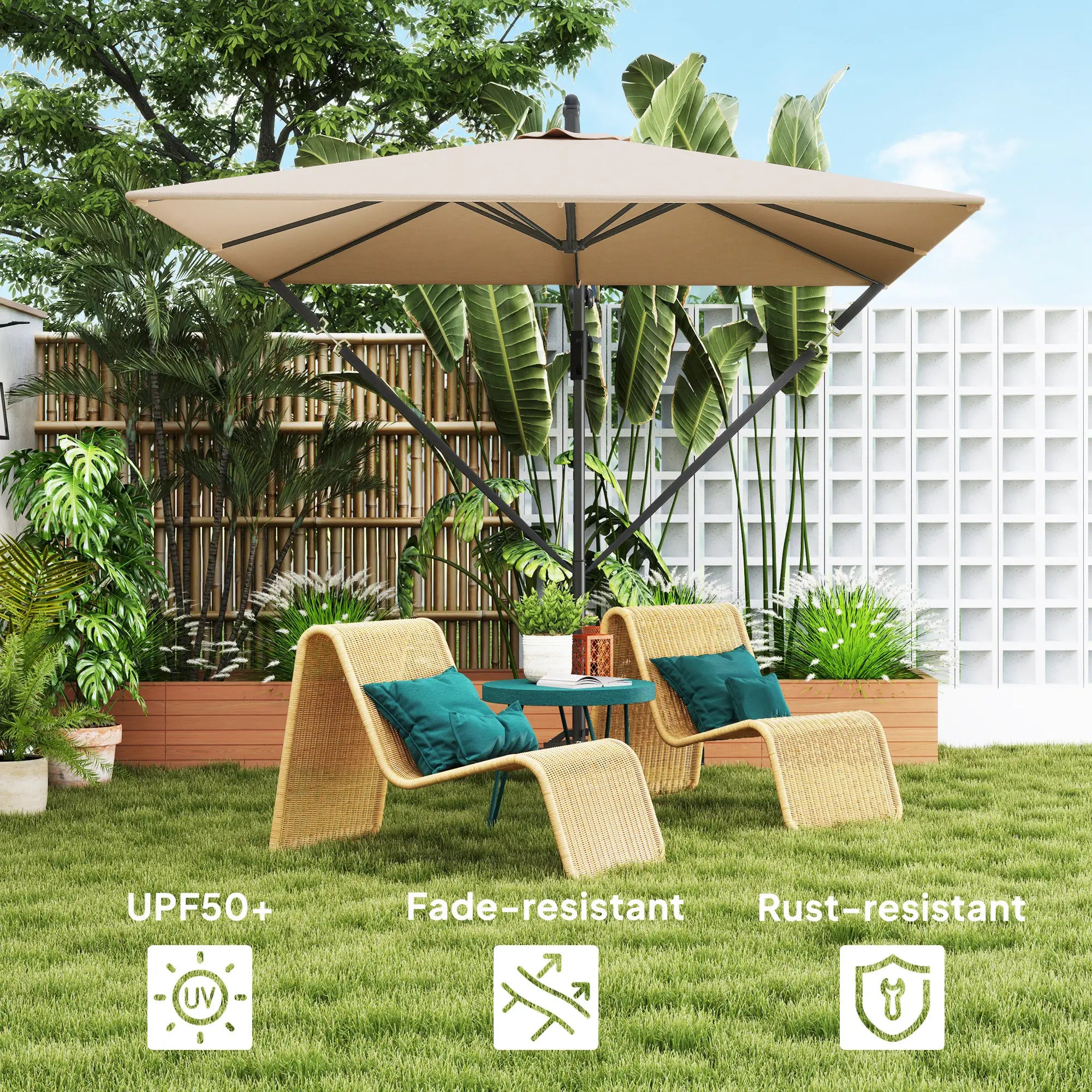 Patio Offset Umbrella, UPF 50+ UV Protection, Crank Parasol With Base, Khaki Offset Cantilever Umbrellas at Gallery Canada