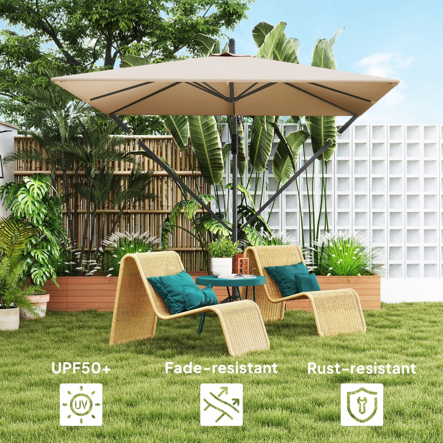 Patio Offset Umbrella, UPF 50+ UV Protection, Crank Parasol With Base, Khaki Offset Cantilever Umbrellas at Gallery Canada