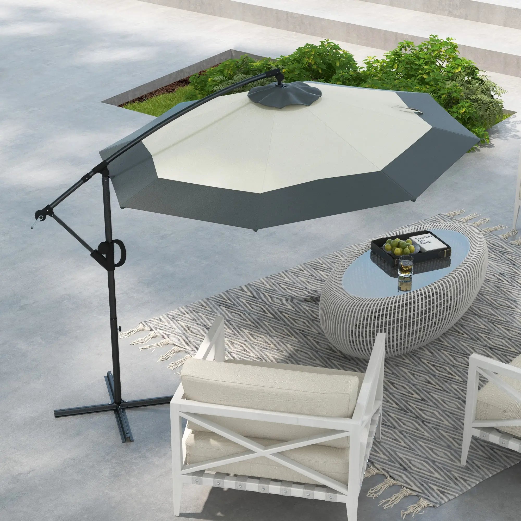10 FT Cantilever Umbrella, Round Hanging Offset with Crank, Tilt, Grey Cantilever Umbrellas at Gallery Canada