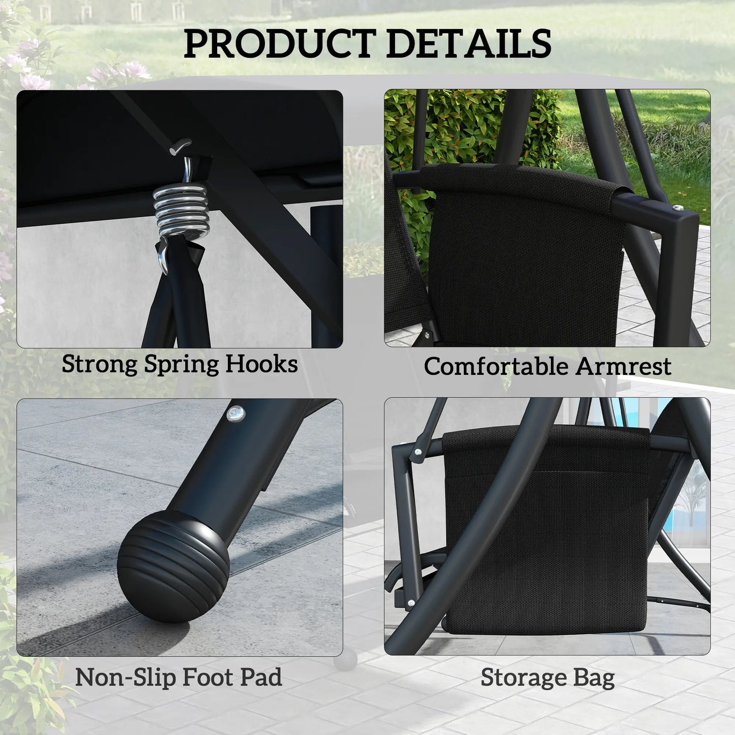 3 Person Porch Swing Chair, Adjustable Canopy, Black Porch Swings with Canopy at Gallery Canada