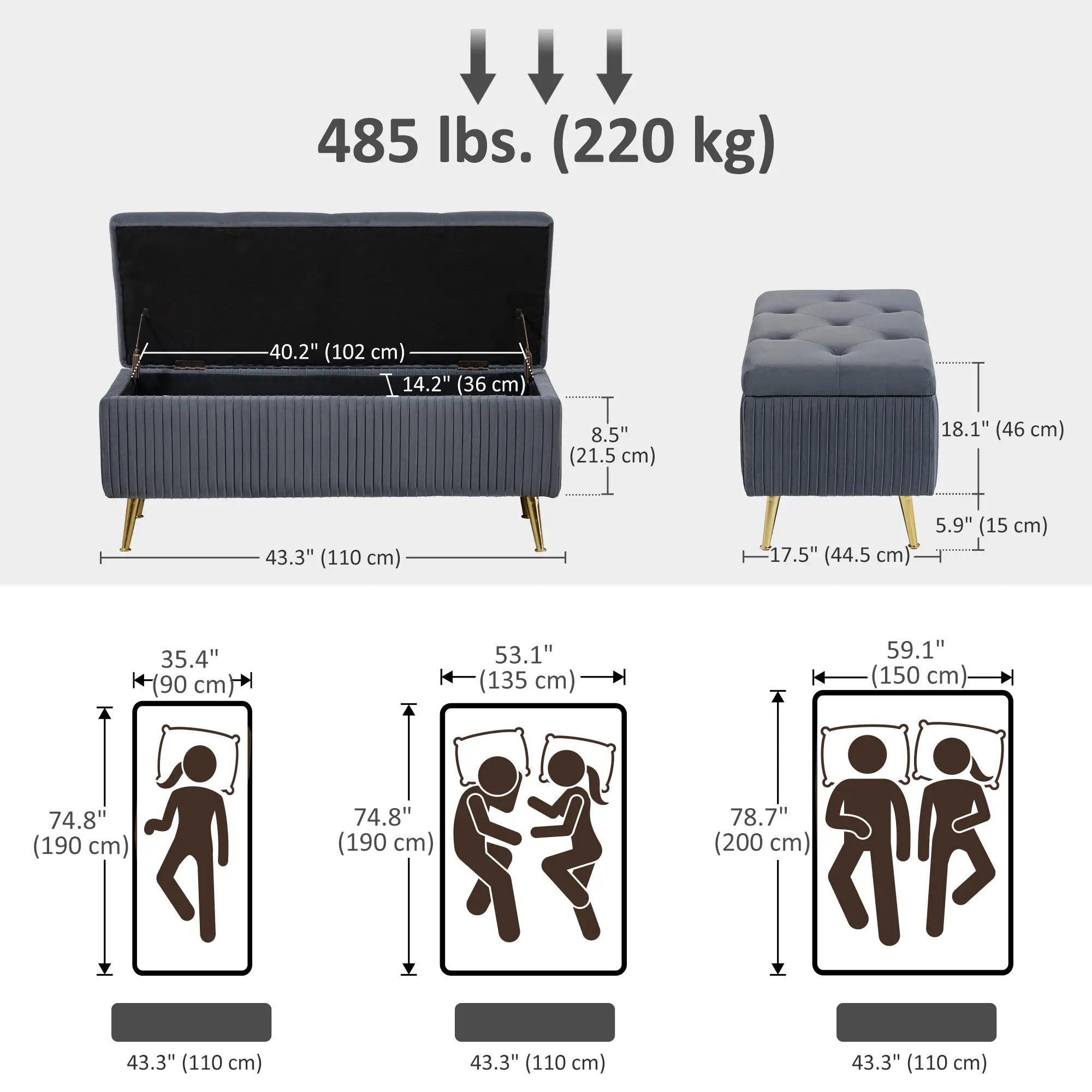 43 Inch Storage Ottoman Bench, Steel Legs, Padded Seat, Dark Grey Storage Ottomans & Benches at Gallery Canada
