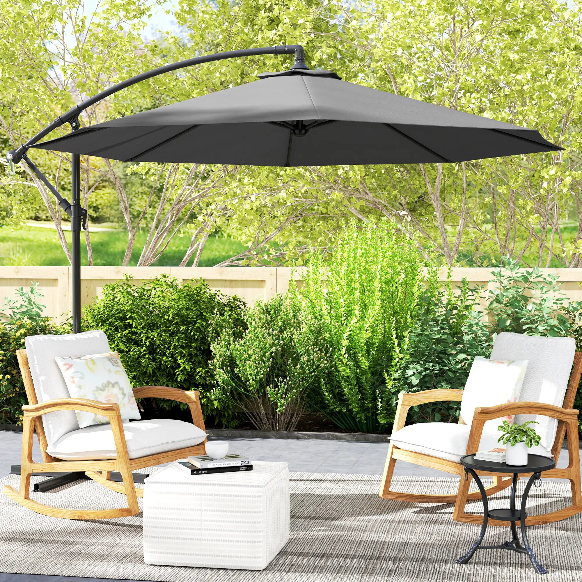 10' Grey Offset Patio Umbrella, Crank, Cross Base, Grey Offset Cantilever Umbrellas at Gallery Canada