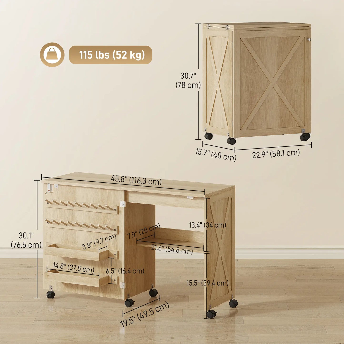 Sewing Machine Table on Wheels, Folding Craft Table with Storage, Natural Storage Cabinets at Gallery Canada