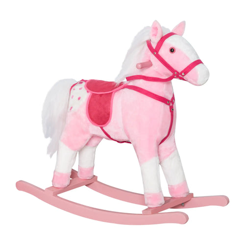 Plush Rocking Horse, Realistic Sound, Kid Ride-On Toy, Light Pink