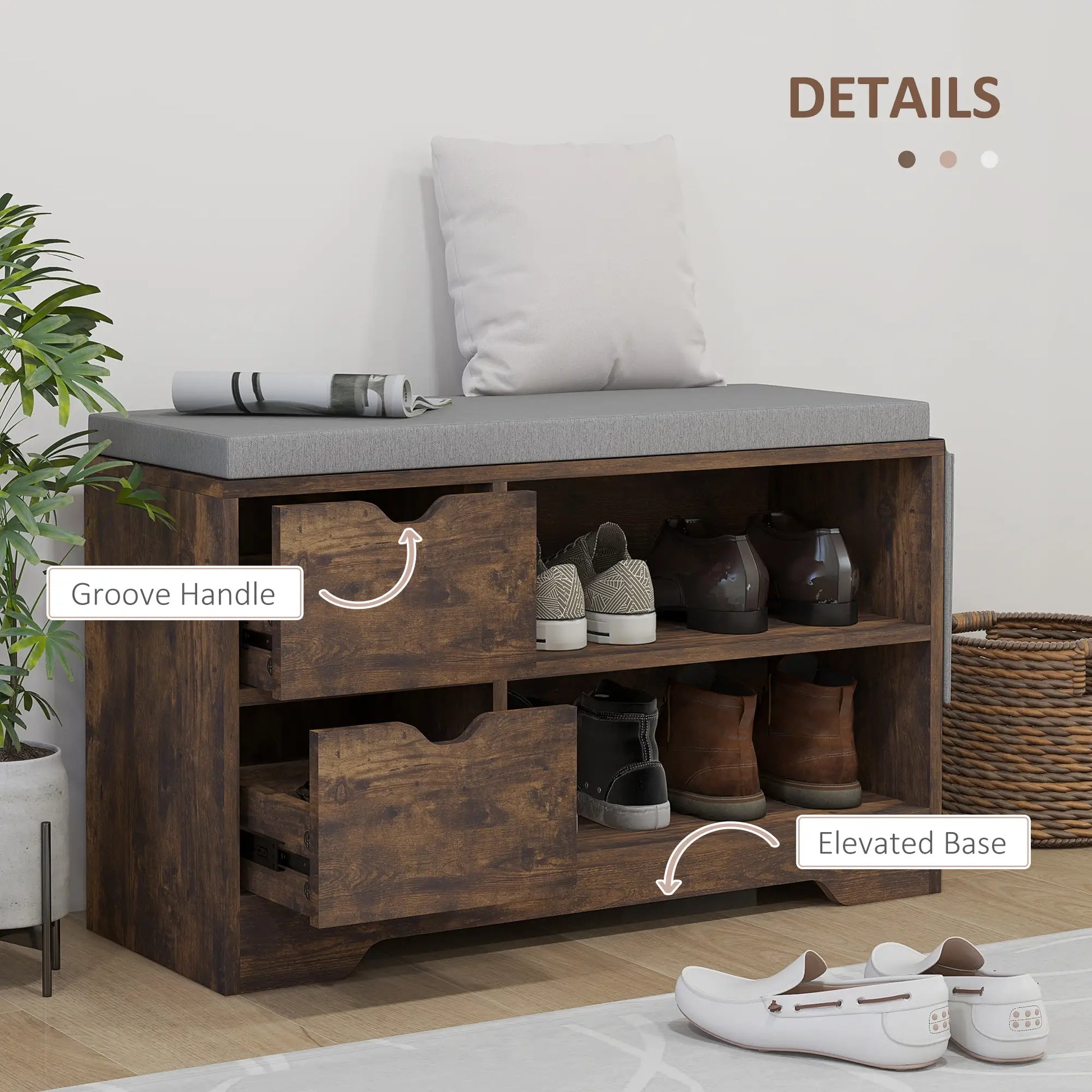 Upholstered Shoe Storage Bench, Seat w/ Drawer, Rustic Brown Shoe Storage Cabinets & Racks at Gallery Canada