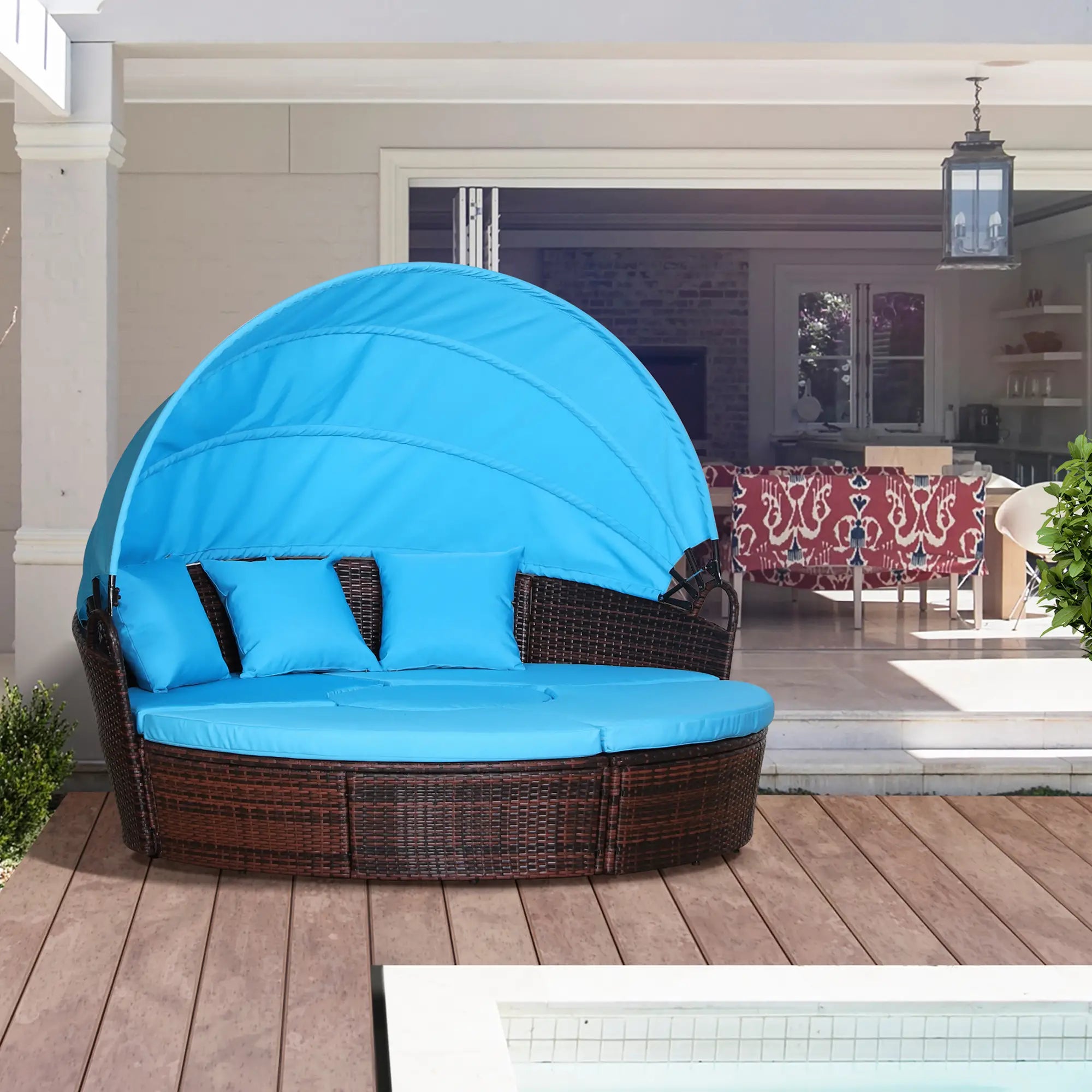 Outdoor Daybed with Canopy, PE Rattan Round Sofa, Light Blue Daybeds at Gallery Canada