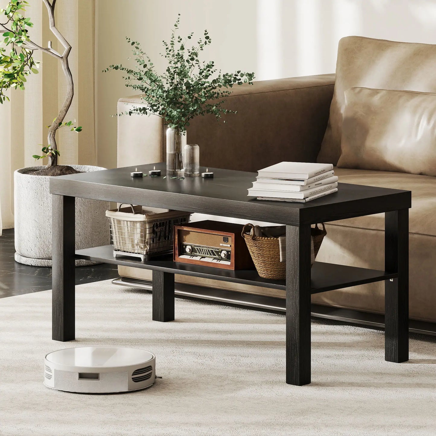 2 Tier Coffee Table, Rectangular Center Table with Storage Shelf, Black Coffee Tables at Gallery Canada