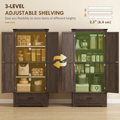 69" Tall Kitchen Pantry Cabinet, 2 Doors, Drawer, Adjustable Shelves, Dark Brown Kitchen Pantry Cabinets at Gallery Canada