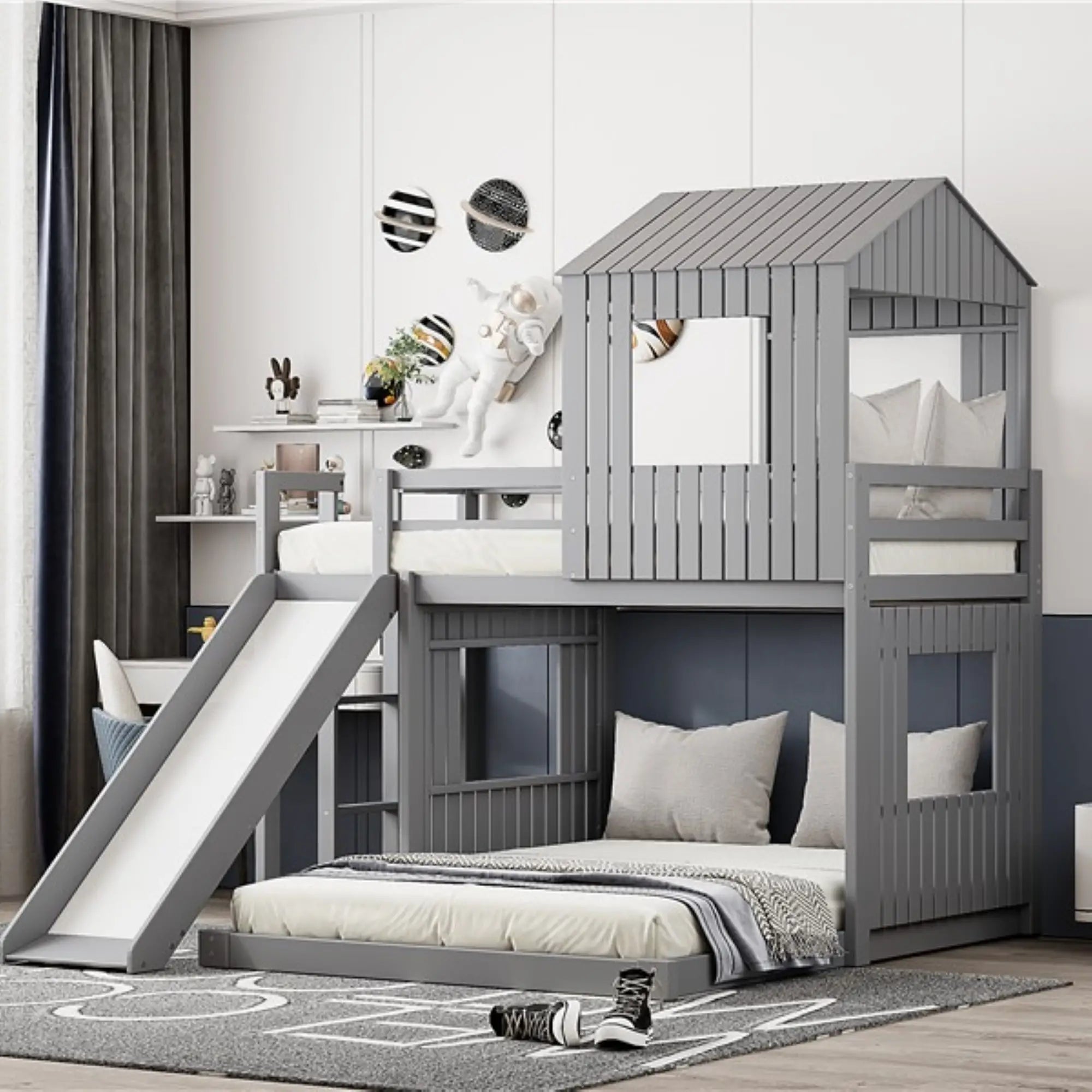 Twin Over Full Bunk Bed with Playhouse, Ladder, Slide, Guardrails, 82