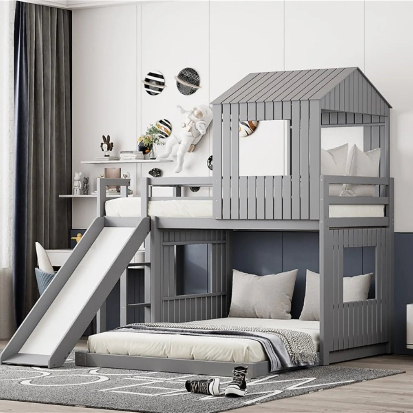 Twin Over Full Bunk Bed with Playhouse, Ladder, Slide, Guardrails, 82" L x 89" W x 82.5" H, Grey Bed Frames at Gallery Canada
