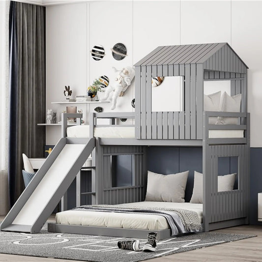 Twin Over Full Bunk Bed with Playhouse, Ladder, Slide, Guardrails, 82" L x 89" W x 82.5" H, Grey Bed Frames Grey at Gallery Canada