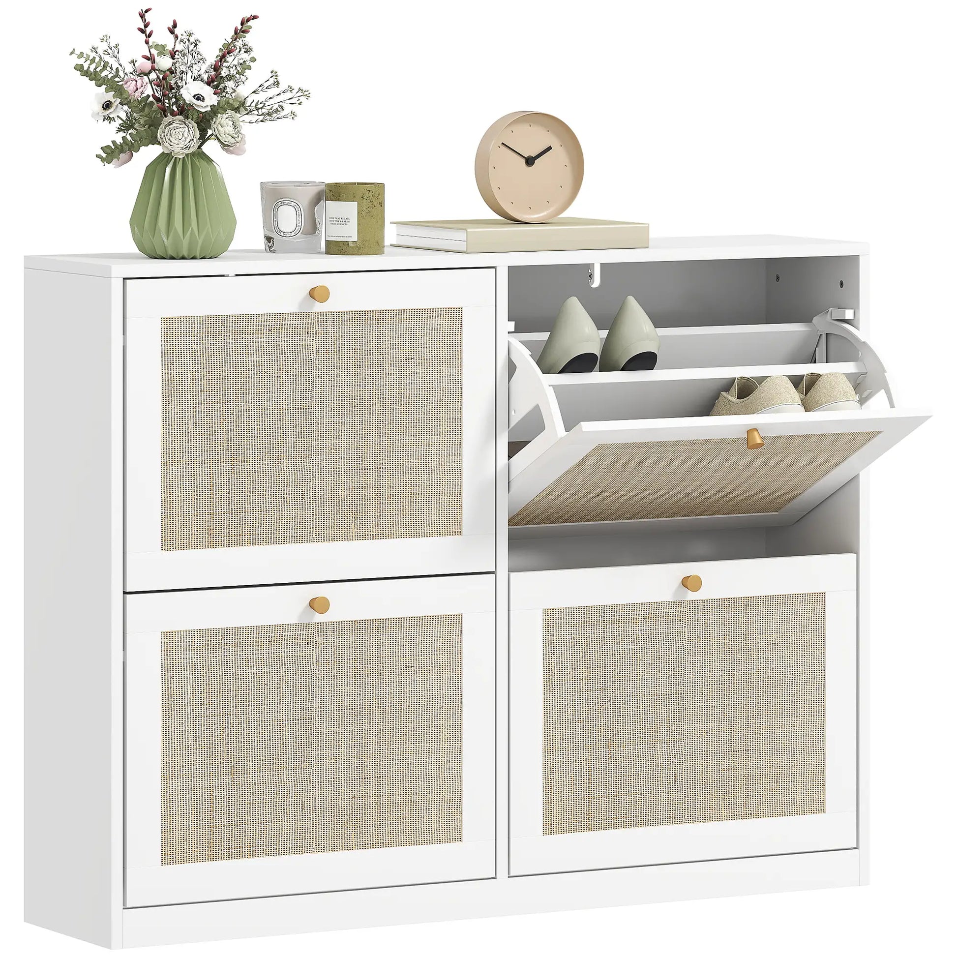 Narrow Shoe Storage Cabinet, 4 Flip Drawers, Adjustable Shelves, 20 Pairs, White Shoe Storage Cabinets & Racks at Gallery Canada