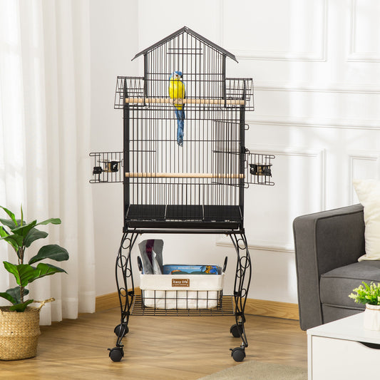 53.9'' Large Rolling Steel Bird Cage Bird House with Detachable Rolling Stand, Storage Shelf, Wood Perch, Food Container, Black - Gallery Canada