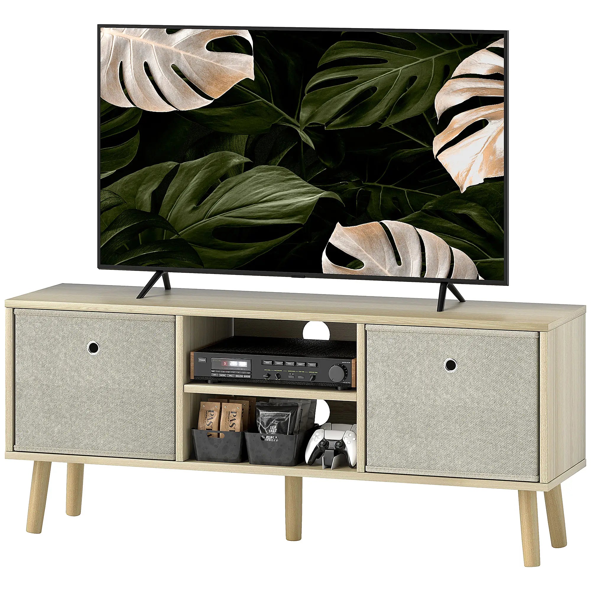 Modern TV Stand, Foldable Drawers, Shelves, Natural TV Stands Natural Wood, Beige at Gallery Canada