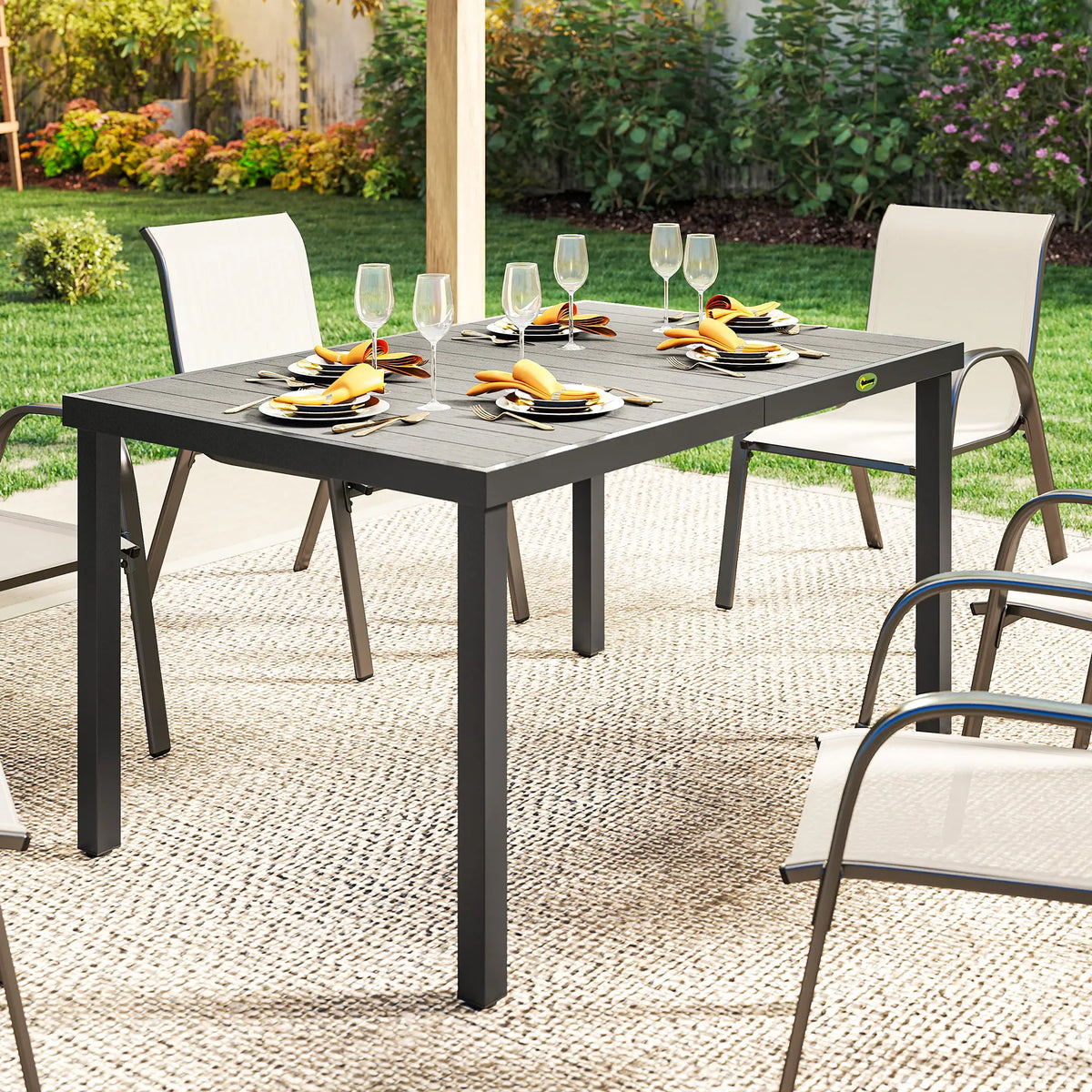 Rectangular Patio Table For 6, Wood-Plastic Composite Top, Steel Frame, Grey Patio Dining Tables at Gallery Canada