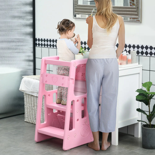 Toddler Kitchen Helper 2 Step Stool, Adjustable Height, Safety Rail, Pink
