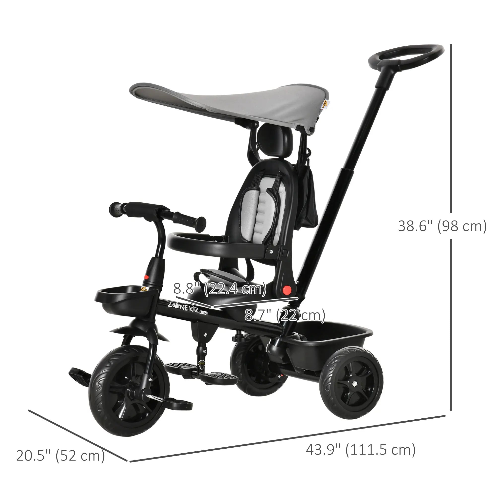 Kids Tricycle, 4 In 1 Trike, Adjustable Seat, Removable Canopy, Grey Tricycles for Kids at Gallery Canada