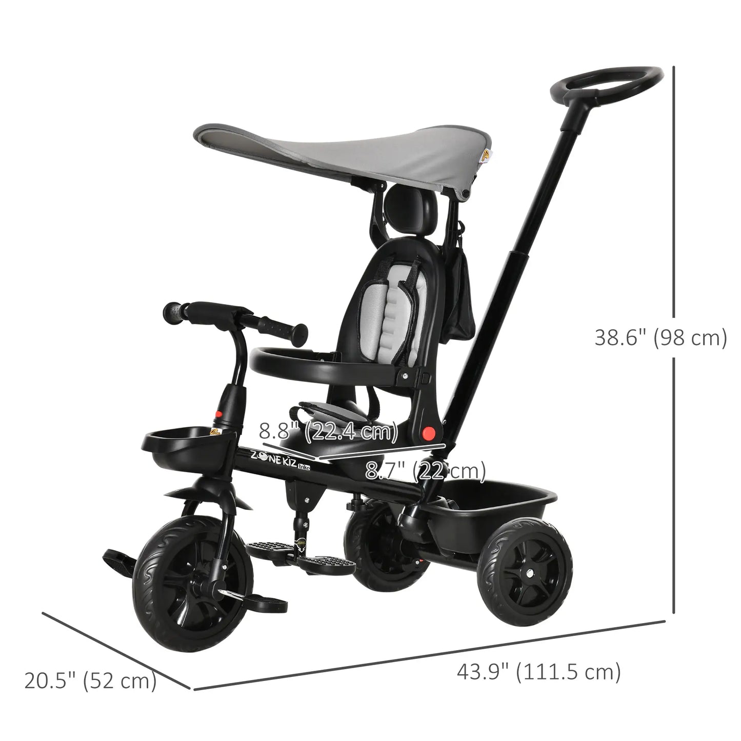 Kids Tricycle, 4 In 1 Trike, Adjustable Seat, Removable Canopy, Grey Tricycles for Kids at Gallery Canada