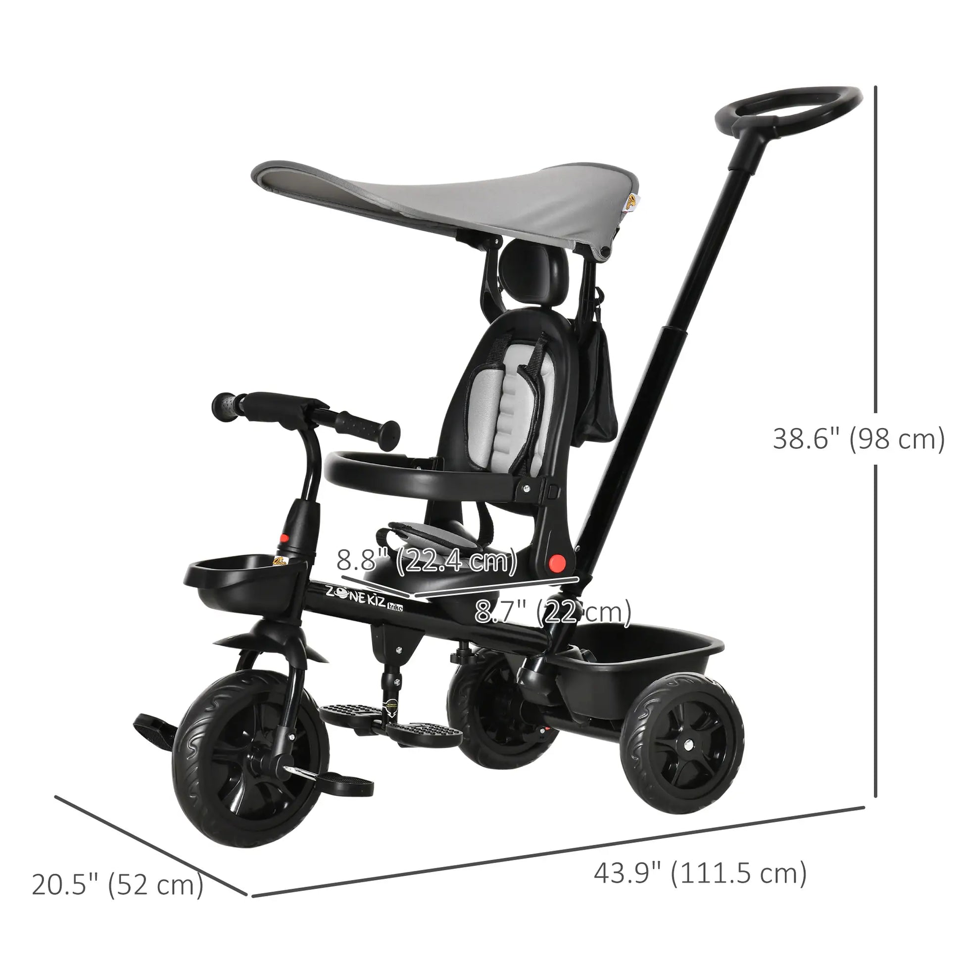 Kids Tricycle, 4 In 1 Trike, Adjustable Seat, Removable Canopy, Grey Tricycles for Kids at Gallery Canada