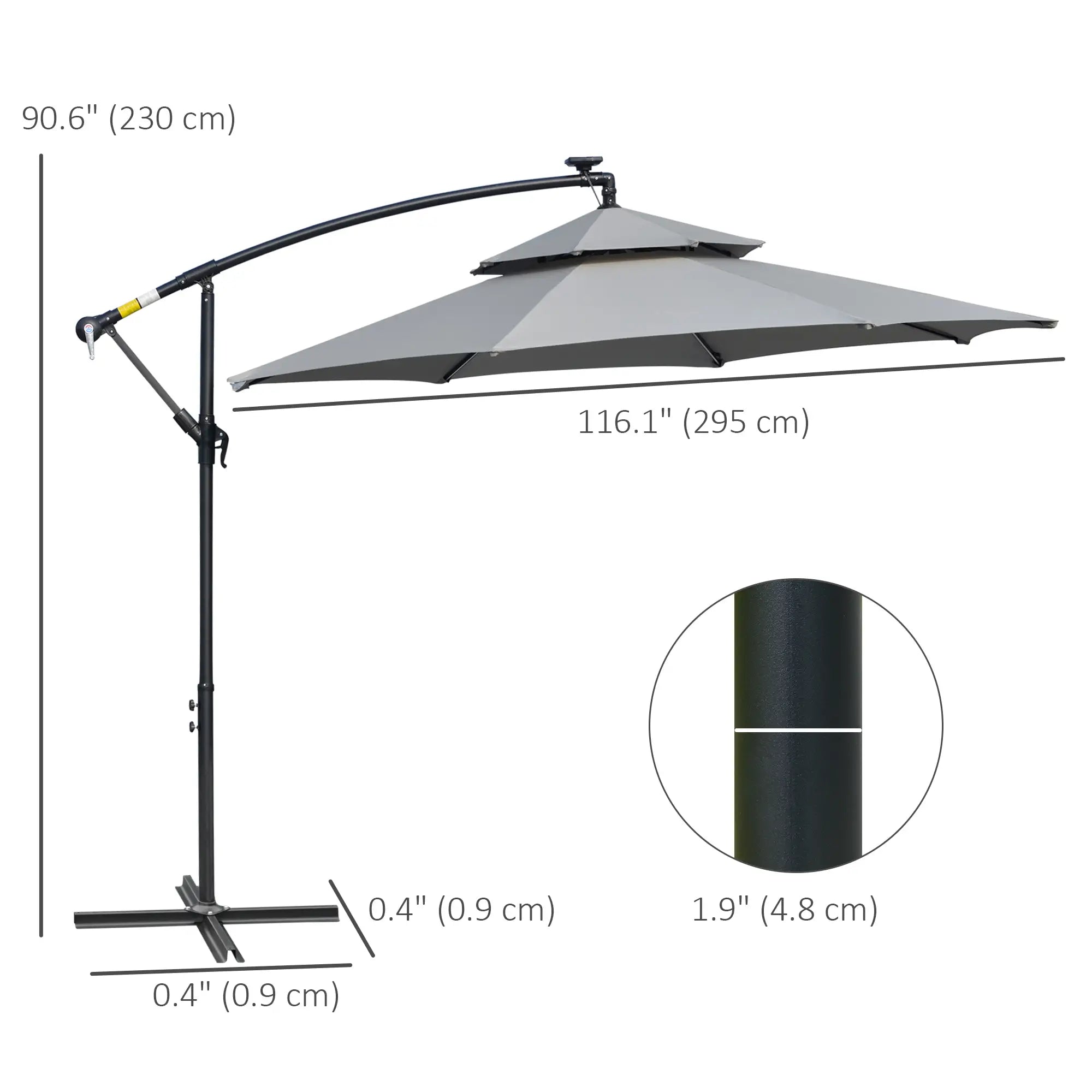 10FT Solar Cantilever Patio Umbrella with Lights, Crank, Cross Base, Light Grey Cantilever Umbrellas at Gallery Canada