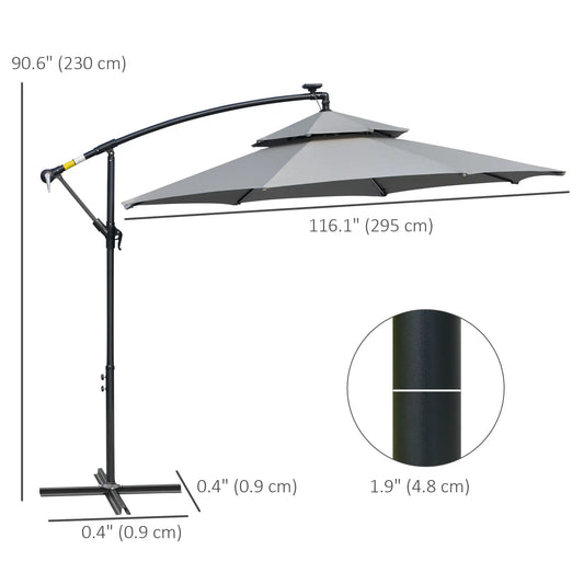 10FT Solar Cantilever Patio Umbrella with Lights, Crank, Cross Base, Light Grey Cantilever Umbrellas at Gallery Canada